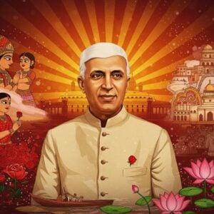 A dignified portrait of Jawaharlal Nehru in his iconic cream-colored achkan and red rose, standing at the center of a symbolic composition. Behind him, a rising sun in deep saffron emerges from the Indian Parliament building, casting golden rays across the scene. To his left, intricate Madhubani-style illustrations show children offering him red roses, representing his love for children. To his right, modern industrial buildings and educational institutions emerge from traditional Pattachitra-style artwork. The top portion features the Indian flag unfurling in a stylized motion, while the bottom shows lotus flowers in modernist geometric patterns floating on water. Nehru's face should be photo-realistic, capturing his characteristic gentle smile and wise eyes, while the background elements blend traditional Indian art motifs with contemporary digital aesthetics. The color palette combines deep maroons, peacock blues, and warm golds with subtle pastels. The overall composition should have an ethereal, dreamy quality with soft glowing elements and floating light particles, creating a bridge between India's past and its modern aspirations.
