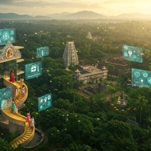A serene aerial view of Pathanamthitta town nestled amid lush Kerala greenery, with the iconic Gavi forest and Sabarimala hills in the background. In the foreground, a modern glass-and-steel building with traditional Kerala architectural elements merges seamlessly with nature. Young Indian professionals in smart casual attire (mix of traditional and modern clothing) are shown ascending a golden staircase that spirals upward, symbolizing career growth. The scene features floating holographic displays showing medical, IT, and tourism icons. The lighting combines warm golden sunlight with cool blue tech-inspired glows. Traditional Madhubani-style peacocks and lotus patterns adorn the building's facade. Educational institutions with modern architecture blend with ancient temple structures in the middle ground. The color palette includes deep forest greens, golden yellows, peaceful blues, and earthy browns. The scene is rendered in a photorealistic style with subtle digital art elements, creating a harmonious blend of tradition and future technology. Ethereal light particles float around the scene, suggesting divine blessings and prosperity.