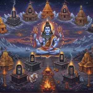 A mystical panoramic scene showing all 12 Jyotirlingas arranged in a circular mandala formation, each emanating intense blue-white divine light. In the center, a magnificently detailed Lord Shiva in meditation pose, four-armed, holding trishul and damru, with the crescent moon in his matted locks, surrounded by a cosmic spiral of energy. Each Jyotirlinga temple structure reflects its distinct architectural style - from Somnath's golden spires to Kedarnath's snow-capped peaks. The scene is bathed in ethereal light with swirling cosmic energy patterns, depicting celestial phenomena. Sacred symbols like the Om, trishul, and serpents are intricately woven into the composition. The color palette combines deep midnight blues, molten golds, pristine whites, and vibrant saffron. Smoke from ritual fires and floating lotus petals add depth. The background shows the Himalayas, oceans, and forests where these temples are located. Art style merges traditional Thanjavur painting techniques with modern digital art, creating a hyper-detailed, luminous effect. The scene is framed by traditional Indian architectural elements and geometric patterns.