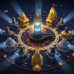 A magnificent 3D visualization of all 12 Jyotirlingas arranged in a circular mandala pattern, each emanating divine blue-white light reaching towards the center. In the center, a hyperrealistic crystal Shiva Lingam radiates intense golden energy. The background features intricate Madhubani-style patterns in deep indigo and gold. Each Jyotirlinga temple is meticulously detailed with authentic architectural elements, showing their unique characteristics - Somnath's golden spires, Mahakaleshwar's ancient stones, Kedarnath's snow-capped peaks, and others in their distinct forms. Floating lotus petals and sacred rudraksha beads spiral around the composition. The scene is illuminated by ethereal light combining moonlight silver and spiritual gold, creating a mystical atmosphere. Small glowing diyas and trails of incense smoke add depth. The art style seamlessly blends photorealistic temple architecture with surreal spiritual elements, modern digital art techniques with traditional Indian artistic motifs. The color palette focuses on deep blues, burnished golds, sacred saffron, and pure white light, all rendered in high-detail digital art style.