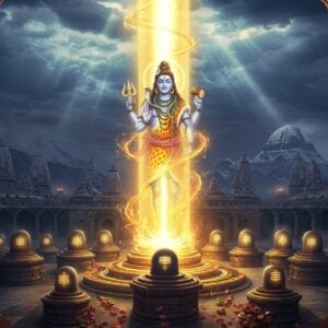 A majestic, ethereal scene depicting Lord Shiva's cosmic form emerging from a luminous pillar of light (Jyotirlinga), centered in a sacred temple courtyard. The pillar radiates intense divine energy with swirling golden and blue auras. Shiva appears in partial form - his upper body emerging from the light, four-armed, holding trishul in upper right hand, damru in upper left, lower right in abhaya mudra, lower left holding sacred vessel. His form adorned with serpents, crescent moon, and flowing locks. The background shows intricate temple architecture with 12 smaller, glowing Jyotirlingas arranged in a circular mandala pattern, each uniquely designed. Sacred Mount Kailash appears ethereally in the distance. The scene includes mystical elements like floating rudraksha beads, sacred ash particles, and lotus petals. Lighting is dramatic with divine rays breaking through clouds, creating a supernatural atmosphere. Art style combines hyperrealistic digital rendering with traditional Indian temple art motifs, rich in details like carved pillars and spiritual symbols. Color palette focuses on deep blues, molten golds, sacred saffron, and ethereal white light.