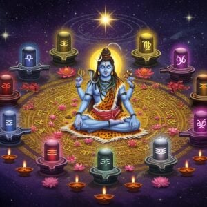 A mystical circular arrangement showcasing all 12 Jyotirlingas as glowing crystal Shiva Lingas, each emanating distinct colored auras matching their corresponding zodiac signs. The Lingas float above an intricately detailed golden mandala. In the center, a magnificent ethereal form of Lord Shiva in deep meditation, with blue skin, crescent moon, and third eye, seated in Padmasana. His four hands hold damaru, trishul, rudraksha mala, and abhaya mudra. Around the circle, 12 zodiac symbols rendered in traditional Indian Madhubani style, each connected to its respective Jyotirlinga through streams of cosmic light. The background features a star-filled cosmos in deep indigo and purple hues, with subtle sacred geometry patterns. Swirling cosmic energies in gold and silver connect all elements. The scene is illuminated by the soft glow of multiple floating diyas and lotus flowers. The artwork combines photorealistic elements with traditional Indian art motifs, creating a modern spiritual aesthetic. The overall composition suggests divine harmony between celestial and earthly realms.
