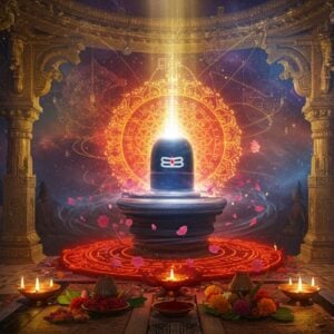 A magnificent ethereal scene showing Lord Shiva's crystal Jyotirlinga emanating bright divine light, merging with a glowing red-golden Shakti Peeth yantra below it. The Jyotirlinga floats in space with swirling cosmic energy around it in deep blues and purples. The scene is set within an ornate golden temple structure with traditional Indian architecture, adorned with intricate Madhubani-style patterns. Shimmering lotus petals float between the two divine symbols. Multiple translucent mandalas in saffron and peacock blue colors rotate slowly in the background. The temple pillars feature detailed carvings of pilgrims performing rituals. Soft divine light rays in warm gold pierce through the scene. The foreground shows sacred offering items - diyas with flames, fresh flowers, and vermillion. A subtle map of India appears in the background with glowing dots marking the locations of major Jyotirlingas and Shakti Peethas, connected by golden threads of energy. The overall composition has a mystical, surreal quality with rich jewel tones and ethereal lighting effects. Art style combines traditional Indian temple art with modern digital fantasy aesthetics, ultra-detailed, cinematic.