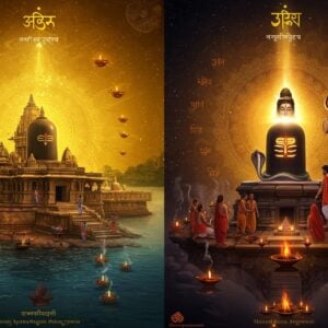 A majestic split-scene composition showcasing two ancient Jyotirlinga temples - Omkareshwar and Mahakaleshwar - in intricate Madhubani-inspired art style. The temples float on a mystical golden background with swirling cosmic energies. The Omkareshwar temple sits on its island, surrounded by the sacred Narmada river with shimmering blue waters. The Mahakaleshwar temple radiates intense divine light, with Lord Shiva's ethereal form emerging from the lingam, having three eyes, crescent moon on his head, a cobra around his neck, and holding a trishul. Intricate mandalas and Sanskrit symbols float in the background. The scene features floating diyas, billowing incense smoke, and devotees in traditional Indian attire performing rituals. The color palette combines deep midnight blues, burning golds, saffron oranges, and earthy stone greys. The artwork seamlessly blends photorealistic temple architecture with surreal spiritual elements, creating a mesmerizing digital painting with rich textures and atmospheric lighting. Small details include floating lotus flowers, rudraksha beads, and subtle om symbols integrated into the patterns.