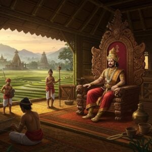 A majestic panoramic view of an ancient Kachari royal court set in medieval Assam, featuring a regal Kachari king seated on an intricately carved wooden throne adorned with traditional Dimasa motifs and symbols. He wears traditional Dimasa royal attire with rich silk garments, gold ornaments, and the distinctive Kachari crown. The scene shows a grand durbar hall with towering bamboo architecture, decorated with traditional Assamese-style carvings and woven bamboo patterns. In the foreground, skilled Kachari artisans work on their famous silk weaving and bronze crafts, while warriors in traditional battle gear stand guard with their distinctive swords and shields. The background reveals terraced rice fields and rolling hills of Dima Hasao, with ancient temples featuring unique Kachari architectural elements. The lighting is warm and golden, creating a ethereal atmosphere with soft rays filtering through ornate windows. The art style combines hyperrealistic details with traditional Indian miniature painting techniques, emphasizing the rich cultural heritage through intricate patterns and symbolic motifs in deep maroons, forest greens, and royal gold colors.
