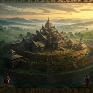 A majestic aerial view of an ancient Kachari fortress-city at sunset, with traditional Assamese architecture featuring bamboo and wood structures elevated on stilts. The central palace complex showcases intricate carvings and peaked roofs with upturned corners in the Dimasa style. Multiple tiers of fortification walls made of earth and timber encircle the city. In the foreground, Dimasa warriors in traditional attire with dao swords and shields stand guard. The scene is illuminated by warm golden light, with mystical fog rolling through the valleys. Surrounding landscapes feature lush green hills, terraced fields, and the meandering Dhansiri River. Intricate Madhubani-style border patterns frame the scene, incorporating traditional Dimasa motifs and symbols. The color palette includes deep greens, rich earth tones, and gold accents. The art style combines hyperrealistic architectural details with ethereal lighting and decorative elements from traditional Indian art, rendered in 8K resolution with cinematic composition.