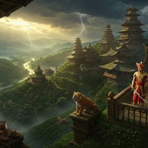 A majestic ancient Indian fortress perched atop emerald-green hills of Assam, with intricate Kachari architecture featuring distinctive bamboo and wood construction. The scene shows a powerful Kachari warrior king in traditional royal attire with gold embellishments, standing on the fortress balcony, holding a gleaming sword. Behind him, multiple tiers of traditional Dimasa-style buildings with peaked roofs stretch into the distance. The fortress is surrounded by lush tea gardens and meandering rivers. In the foreground, skilled Kachari artisans work on their famous ivory carvings and cotton textiles. The sky features dramatic storm clouds with rays of golden sunlight breaking through, symbolizing both glory and decline. The art style combines Madhubani patterns in the architectural details with modern digital art techniques, using a rich color palette of deep greens, royal blues, and gold. Ethereal mist surrounds the lower hills, creating a mystical atmosphere. Detailed bronze sculptures of tigers and elephants, symbols of Kachari power, guard the fortress gates.