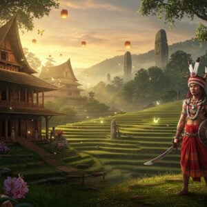 A majestic Kachari royal palace complex in traditional Assamese architecture, illuminated by golden sunset light, featuring ornate bamboo and wood carvings. In the foreground, a noble Kachari warrior in traditional attire with signature dao sword and shield stands proudly, adorned with intricate tribal jewelry and headgear. The scene includes symbolically significant elements - blooming orchids, woven bamboo patterns, and ceremonial drums. The background showcases terraced rice fields cascading down hills, with ancient stone monoliths emerging from morning mist. Ethereal light streams through towering silk cotton trees. Art style merges hyperrealistic digital painting with traditional Assamese motifs, featuring rich earthy colors like deep crimson, forest green, and burnished gold. Magical floating lanterns and glowing butterflies add a mystical atmosphere. The composition should have depth with detailed architectural elements showing both grandeur and cultural authenticity. Lighting should be dramatic with god rays filtering through trees, creating an aura of ancient wisdom and power.