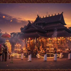 A majestic South Indian temple architecture at dusk, illuminated by thousands of traditional brass oil lamps and vibrant festival lights. The temple features traditional Kerala-style architecture with sloped copper-tiled roofs and intricate wooden carvings. In the foreground, a grand temple elephant adorned with golden nettipattam and ceremonial umbrellas stands majestically. Devotees in traditional Kerala attire perform circular movements with lit brass lamps (thalappoli). The scene includes colorful temple flags fluttering in the wind, strings of jasmine flowers, and banana leaves decorating the temple entrance. A soft, ethereal glow emanates from the sanctum sanctorum. The sky features a beautiful gradient of deep purple and orange, with subtle golden sparkles. Multiple layers of smoke from ritual fires and incense create a mystical atmosphere. Madhubani-style decorative patterns frame the scene, incorporating traditional Kerala motifs like lotus flowers and elephants in gold and deep maroon colors. The overall composition has a cinematic quality with dramatic lighting and depth, highlighting both the grandeur and spiritual essence of the temple festival.