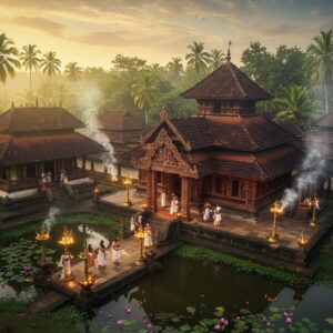 A majestic aerial view of an ancient Kerala-style temple complex with traditional red-tiled roofs and copper-topped shrines, nestled amidst lush green coconut groves. The main temple features intricate wooden architecture with carved peacocks and lotus motifs in Madhubani style. In the foreground, a serene stone-paved courtyard illuminated by traditional brass nilavilakku lamps leads to the sanctum. Devotees in traditional Kerala attire (women in cream and gold kasavu sarees, men in mundus) circumambulate the temple. The scene is bathed in golden morning light with rays filtering through coconut fronds, creating divine light patterns on the ground. Smoke from ritual fire sacrifices rises in ethereal spirals, merging with misty clouds. The temple pond reflects the entire scene like a mirror, with pink lotus flowers dotting its surface. The atmosphere combines photorealistic architecture with surreal lighting and magical elements like floating golden particles and subtle mandala patterns in the sky. Shot composition should be cinematic with depth of field effects and atmospheric perspective.