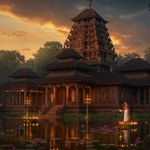 A majestic ancient Kerala-style temple with sloping terracotta-tiled roofs and intricate wooden carvings, emerging from a mystical forest setting at twilight. The temple's traditional Kerala architecture features multiple-tiered gopuras adorned with detailed sculptures of deities and mythological figures. In the foreground, a serene temple pond reflects the golden light, surrounded by blooming lotus flowers. The main shrine entrance is illuminated by traditional brass oil lamps creating a warm, ethereal glow. Intricate Madhubani-style patterns decorate the temple walls in deep maroon and gold. A peaceful female devotee in traditional Kerala kasavu saree performs pradakshina around the temple. Floating diyas and flower petals in the pond create circles of light. The scene is enhanced by swirling wisps of incense smoke and subtle mandala patterns in the sky. Art style combines hyperrealistic architectural details with mystical Indian traditional art elements, using a color palette of deep browns, burnished gold, saffron, and peacock blue. The lighting should be dramatic yet spiritual, with rays of divine light breaking through clouds above the temple spire.