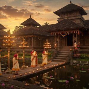 A majestic South Indian temple complex in Kerala architectural style with sloping terracotta-tiled roofs and intricate wooden carvings, illuminated by warm golden sunset light. The main shrine features a traditional deepastambham (brass lamp post) adorned with multiple tiers of lit oil lamps. In the foreground, a group of three Indian women in traditional Kerala kasavu sarees (cream and gold) perform traditional lamp offerings, their faces glowing with devotional fervor. Traditional Kerala-style brass nilavilakku lamps create a path leading to the temple. The scene includes detailed Madhubani-style decorative elements showing local customs - banana leaves, coconuts, and jasmine flower garlands. Ethereal smoke from incense creates a mystical atmosphere, with soft pastel pink and orange clouds in the background. The temple pond reflects the entire scene like a mirror, with lotus flowers floating on its surface. The lighting emphasizes golden hour warmth with subtle divine rays breaking through clouds. Intricate mandala patterns in gold and deep maroon adorn the temple walls. Traditional Kerala percussion instruments like chenda and edakka rest near the temple steps.