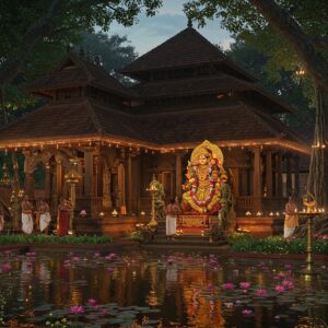 An ancient Kerala-style temple with sloped tiled roofs and intricate wooden architecture, illuminated by golden divine light at twilight. The temple's ornate entrance features traditional Malayalam-style carved wooden pillars with peacocks and lotus motifs. A majestic Devi idol in traditional Kerala temple style, adorned with fresh jasmine flowers and gold ornaments, emanates a soft, ethereal glow. The foreground showcases a large temple pond with blooming pink lotus flowers, their reflections creating magical patterns in the water. Surrounding the temple are massive banyan trees with hanging roots, decorated with traditional brass oil lamps. Modern LED strip lights tastefully highlight the temple's architecture while preserving its traditional essence. The scene includes devotees in traditional Kerala attire performing pradakshina around the temple. The color palette combines deep maroons, forest greens, and burnished gold, with touches of modern lighting creating a contemporary yet sacred atmosphere. Art style merges traditional Pattachitra techniques with modern digital art, emphasizing photorealistic textures and atmospheric lighting. Include details like brass temple bells, traditional Kerala-style deepastambham (lamp post), and authentic architectural elements specific to Kadakkal region. --ar 16:9 --stylize 1000 --q 2