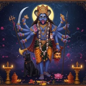 A majestic depiction of Kala Bhairava in his fierce form, standing tall against a deep midnight blue background illuminated by a glowing crescent moon. He has 8 arms holding traditional weapons - damaru and trishul in upper right hands, sword and khatvanga in upper left hands, shield and battle axe in middle hands, and his lower hands holding a severed head and blessing mudra. His face shows intense expression with three eyes, adorned with a serpent crown and skulls necklace. His black dog companion sits vigilantly at his feet. The scene is surrounded by intricate Madhubani-style border patterns in gold and saffron, featuring tantric yantra designs and Sanskrit symbols. Swirling cosmic energy in deep purples and blues creates a mystical atmosphere, with subtle golden sparkles and floating lotus petals. Temple bells and oil lamps create warm lighting effects in the foreground. The art style merges traditional Indian iconography with modern digital art techniques, emphasizing both the deity's fierce protection and divine grace.