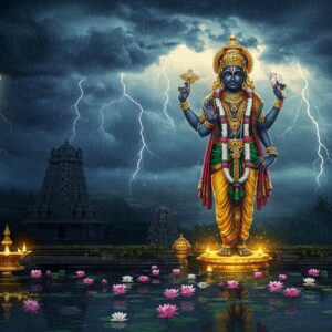 An ethereal scene depicting Lord Vishnu as Kalamegaperumal with dark rain-cloud complexion, standing majestically in tribhanga pose against a mystical stormy background. He has four arms, holding Sankha (conch) in upper left hand, Chakra (discus) in upper right hand, lotus flower in lower left hand, and blessing mudra in lower right hand. Wearing a golden pitambara dhoti, elaborate crown with peacock feathers, and traditional Vaishnava ornaments. Behind him, dramatic rain clouds in deep indigo and purple swirl with divine golden lightning. Streams of rain fall like blessed water. In the foreground, a serene pond reflects his image, filled with pink and white lotus flowers. The scene is framed by traditional South Indian temple architecture with intricate carved pillars and gopuram silhouette. Soft golden light emanates from his form, creating a divine aura. Art style combines hyperrealistic digital rendering with traditional Indian temple art aesthetics, featuring rich jewel tones of deep blue, gold, and emerald green. The atmosphere suggests divine protection and abundance through rain.