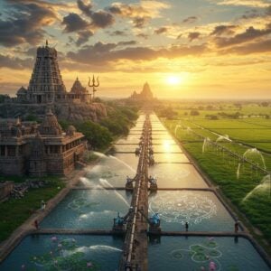 A majestic aerial view of Kaleshwaram temple complex at sunset, perched on a hill surrounded by the mighty Godavari River's azure waters. The ancient stone temple architecture features intricate Kakatiya-style carvings, with Lord Shiva's presence symbolized by a massive golden trident emerging from the main shikhara. Below, the modern engineering marvel of Kaleshwaram Lift Irrigation Project stretches across the landscape with its massive pumps and canals creating a mesmerizing geometric pattern. The scene combines traditional Madhubani art elements in the sky, where peacock-blue and saffron clouds swirl around a mandala-like sun. In the foreground, local farmers in traditional Telugu attire tend to lush green fields, while water droplets cascade like pearls from the irrigation systems, forming patterns of ancient kolam designs. The atmosphere glows with ethereal light, highlighting the confluence of ancient spirituality and modern technology. Digital art style with hyperrealistic details, deep contrasting colors, and surreal lighting effects. The scene includes intricate patterns of lotus flowers floating in the canals, symbolizing prosperity and growth. Aerial perspective, cinematic composition, magical realism, golden hour lighting.