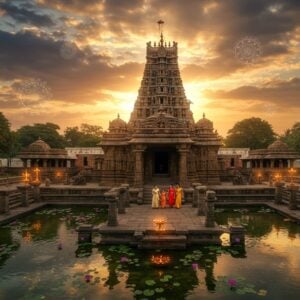 A majestic aerial view of Kaleshwaram Temple complex at golden hour, situated on the banks of Godavari River with crystal-clear flowing waters. The ancient stone temple architecture features intricate Kakatiya-style carvings and a towering gopuram with traditional Dravidian design illuminated by warm sunlight. In the foreground, a modern Indian family (father, mother, and two children) in contemporary ethnic wear walking towards the temple entrance through a path lined with centuries-old stone pillars. Sacred lotus flowers float in the temple pond, creating perfect reflections. The sky features dramatic clouds with hints of orange and purple, while rays of divine light pierce through them onto the temple spire. The scene is enhanced with subtle glowing mandalas in the air and detailed Pattachitra-style border patterns. The atmosphere combines both devotional serenity and tourist-friendly welcoming warmth. The temple complex is surrounded by lush greenery and ancient banyan trees, with traditional oil lamps creating a spiritual ambiance. Artistic style merges photorealistic architecture with ethereal lighting and traditional Indian art elements, captured in ultra-high-definition 8K quality.