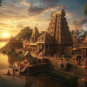A magnificent aerial view of the Kaleshwaram Temple complex situated on the banks of the Godavari River, captured during golden hour sunset. The ancient Shiva temple's ornate Dravidian architecture features intricately carved spires and gopurams in warm sandstone, with detailed Nagara-style architectural elements. The foreground shows devotees in traditional Indian attire walking along the temple's stone pathways adorned with oil lamps and marigold garlands. A large, spiritually symbolic Nandi statue sits prominently, facing the main shrine. The scene is enhanced with mystical elements - subtle golden light rays piercing through clouds, floating lotus petals, and ethereal smoke from ceremonial fires. The surrounding landscape includes lush banyan trees with hanging roots and scattered smaller shrines. The art style combines hyperrealistic architectural details with ethereal lighting effects, maintaining rich colors like deep maroon, saffron, and gold, while incorporating elements of traditional Madhubani patterns in the sky and water reflections. The composition should have a cinematic wide-angle perspective that showcases both the temple's grandeur and the serene Godavari River flowing beside it.