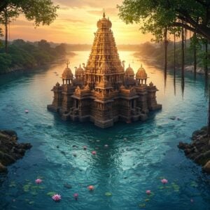 A majestic aerial view of Kaleswaram temple complex at twilight, situated at the mystical confluence of Godavari, Pranahita, and Saraswati rivers. The rivers flow in swirling patterns of deep blue, turquoise, and silver, forming a natural triquetra. The ancient stone temple, carved with intricate Kakatiya architecture, stands tall with its ornate shikhara reflecting golden hour light. Lord Shiva, depicted as a luminous ethereal form, emerges from the temple sanctum, holding his trishul in his upper right hand, damaru in upper left, abhaya mudra in lower right, and a lotus in lower left. The temple is surrounded by lush banyan trees with hanging roots, their leaves catching the last rays of the setting sun. Sacred lotus flowers float on the converging waters, creating geometric patterns. Soft mist rises from the waters, giving the scene a mystical atmosphere. The color palette includes deep river blues, golden temple stones, emerald greenery, and touches of saffron and violet in the sky. The art style combines traditional Kalamkari patterns in the temple details with modern digital art techniques, creating a photorealistic yet spiritually elevated scene. The overall composition captures both the architectural grandeur and the natural beauty of the confluence.