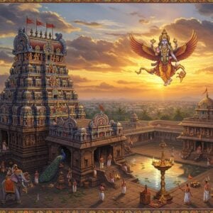 A majestic aerial view of Kallalagar Temple during sunrise, with Lord Vishnu's sacred Garuda vehicle soaring through golden-orange clouds. The temple's traditional Dravidian architecture features intricate gopurams with detailed sculptures in deep blues and golds, illuminated by divine light. In the foreground, devotees in traditional Tamil attire perform pradakshina around the temple. The scene includes symbolic elements like lotus pools reflecting the morning sky, ceremonial elephants adorned with traditional temple decorations, and floating diyas creating a ethereal atmosphere. The composition incorporates Madhubani-style decorative patterns in the clouds and borders, while maintaining photorealistic details of the temple structure. The lighting creates a mystical ambiance with god rays filtering through the clouds, highlighting the temple's ancient stone work and golden vimana. Small details include priests preparing for morning rituals, peacocks in the temple courtyard, and traditional temple flags swaying in the breeze. The color palette focuses on deep maroons, peacock blues, saffron, and gold, with subtle integration of modern digital art techniques for enhanced visual appeal.