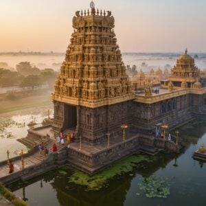 A majestic aerial view of Kallalagar Temple at dawn, showcasing its towering gopuram with intricate Dravidian architecture in rich gold and saffron hues. The main shrine features Lord Vishnu as Kallalagar in His signature standing pose with four arms holding Sankha, Chakra, Gadha, and Padma, emanating divine light. The foreground shows a modern, well-lit pathway lined with traditional brass lamps leading to the temple, with contemporary facilities seamlessly integrated into the ancient architecture. A peaceful lotus pond reflects the temple's golden spires, while modern guest houses in traditional South Indian architecture style are visible in the background. The scene is enhanced with soft morning mist, creating an ethereal atmosphere with rays of sunlight filtering through. Small groups of devotees in modern Indian attire are seen accessing the temple through wheelchair-friendly ramps. The color palette combines deep traditional colors (maroon, gold, peacock blue) with modern subtle tones. The art style merges hyperrealistic architectural details with Pattachitra-inspired decorative elements, creating a perfect blend of ancient grandeur and modern accessibility.