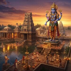A grand aerial view of Kallalagar Temple during sunset, with Lord Vishnu's majestic idol in the center, adorned in traditional silk vastram and gold ornaments, standing in tribhanga pose with four hands holding sankha, chakra, gadha, and padma. The temple's Dravidian architecture features intricately carved gopurams with multiple tiers in soft golden light, surrounded by sacred water bodies reflecting the sky's orange and purple hues. In the foreground, detailed Madhubani-style patterns showcase devotees performing traditional rituals with oil lamps. The scene includes mystical elements like floating lotus flowers, glowing mandalas, and ethereal light beams streaming through temple pillars. The color palette combines deep maroons, peacock blues, and saffron with modern gradient effects. The temple complex is enhanced with digital art elements showing sacred symbols and patterns, while maintaining architectural accuracy. The atmosphere is serene and spiritual, with subtle mist and golden particles in the air, creating a harmonious blend of traditional sanctity and contemporary artistic vision.