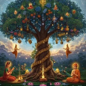 A magnificent, towering divine tree rising from a serene lotus pond, its trunk adorned with intricate Madhubani patterns in gold and deep maroon. The tree's branches spiral upwards, forming seven distinct tiers representing different realms, each branch bearing different wishes - gleaming jewels, sacred texts, golden fruits, and divine weapons. The leaves are iridescent, shifting between emerald and gold. At its base, three distinct prayer scenes: an Indian woman in a red silk saree performing Hindu rituals, a Buddhist monk in saffron robes meditating, and a Middle Eastern figure in traditional attire seeking blessings. Celestial beings float around the higher branches, rendered in the style of Pattachitra art. The background features a massive mandala in peacock blue and gold, with soft glowing orbs of light floating throughout. The scene is illuminated by ethereal light breaking through clouds, creating a dreamlike atmosphere. Various cultural symbols - Celtic knots, Norse runes, and Sanskrit verses - are subtly woven into the tree's bark. Multiple divine animals - peacocks, serpents, and lions - rest peacefully among the roots. The overall color palette focuses on deep jewel tones with accents of luminescent gold and soft pastel auras. Ultra detailed, photorealistic, cinematic lighting, spiritual ambience
