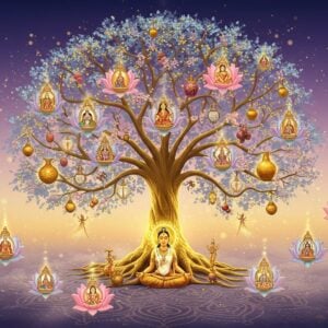 A majestic Kalpavriksha tree with a luminous golden trunk and crystalline leaves emanating soft ethereal light, centered in the composition. The branches extend gracefully, bearing various divine objects - precious gems, golden fruits, and wish-fulfilling symbols. An Indian woman in a flowing white and gold meditation pose sits beneath the tree, her eyes closed in peaceful meditation. A subtle golden aura surrounds her. The tree's roots transform into intricate mandala patterns that spread across the ground, incorporating traditional Indian motifs. Floating around the tree are translucent lotus flowers in pastel pinks and blues, each containing small manifestations of abundance - peaceful homes, happy families, and spiritual symbols. The background features a gradient of deep indigo to soft lavender, with delicate golden light particles floating in the air. Small ethereal devas and celestial beings are faintly visible among the branches. Soft mist swirls around the base of the tree. The overall style combines hyperrealistic digital art with traditional Madhubani patterns, creating a serene yet mystical atmosphere. The lighting is dreamy and otherworldly, with emphasis on golden hour glow.