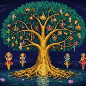 A majestic, ethereal Kalpavriksha tree with a golden trunk and shimmering emerald leaves against a deep midnight blue background. The tree's branches extend gracefully, adorned with various divine objects - precious gems, golden fruits, flowing silk garments, and celestial ornaments. At its base, sacred Hindu symbols and yantra patterns glow with subtle golden light. The tree emanates a soft, supernatural aura with sparkles of divine energy. Floating near its branches are manifestations of wishes - small vignettes showing material wealth, knowledge (depicted by ancient scrolls), and spiritual enlightenment (shown through lotus flowers and meditation poses). The tree's roots extend into a cosmic ocean where celestial beings like apsaras and gandharvas are faintly visible. Ethereal wisps of cosmic energy in pastel purples and blues swirl around the tree. The art style combines traditional Madhubani patterns in the details with modern digital painting techniques, featuring rich colors like deep indigo, burnished gold, and emerald green. The overall composition creates a mystical, dreamlike atmosphere with elements of both ancient wisdom and contemporary spiritual aesthetics.