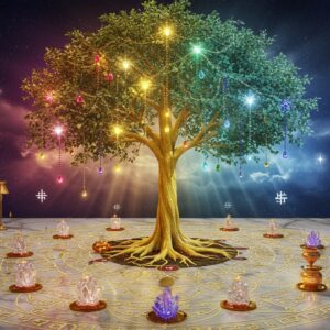 A majestic Kalpavriksha tree with golden trunk and emerald leaves, adorned with glowing wish-fulfilling jewels of various colors (ruby red, sapphire blue, emerald green) hanging from its branches. The tree grows from the center of an intricate Vastu Purusha mandala drawn in golden lines on a marble floor. The mandala extends outward, creating geometric patterns that transition into a modern minimalist home interior. Soft beams of divine light filter through the tree's canopy, creating an ethereal atmosphere. Around the tree, eight directional guardians (Dikpalas) are subtly represented through their symbolic elements in a modernized art style. The space features contemporary furniture arranged according to Vastu principles, with crystal clusters and copper vessels strategically placed. The color palette transitions from deep spiritual colors near the tree (deep blues, royal purples, and celestial golds) to serene modern tones (whites, subtle greys, and warm beiges) in the living space. Floating sacred symbols like Om and Swastika appear as subtle golden energy patterns in the air. Art style combines traditional Madhubani patterns with modern digital art techniques, featuring rich textures and a dreamy, atmospheric quality. --ar 16:9