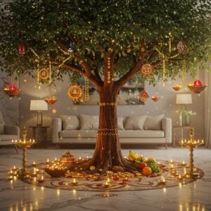 A majestic, ethereal Kalpavriksha tree in a modern minimalist living room, its trunk adorned with intricate Madhubani-style patterns in gold and deep brown. The tree's branches extend gracefully, bearing different wish-fulfilling elements - gleaming golden coins, sparkling jewels, fresh fruits, and sacred texts. The leaves are a mix of metallic gold and emerald green, with a subtle spiritual glow. At the base, traditional brass diyas and contemporary crystal tea lights create a warm, inviting ambiance. The room features elegant marble flooring with a mandala pattern, and large windows letting in soft natural light. Modern furniture in neutral tones complements the sacred tree. Floating around the tree are small, luminous orbs representing fulfilled wishes. The overall scene combines contemporary interior design with traditional Indian spiritual elements, rendered in a style mixing digital art with traditional Pattachitra techniques. The color palette includes deep gold, emerald green, warm ivory, and touches of celestial blue. The lighting is dreamy and atmospheric, creating a serene yet mystical mood.