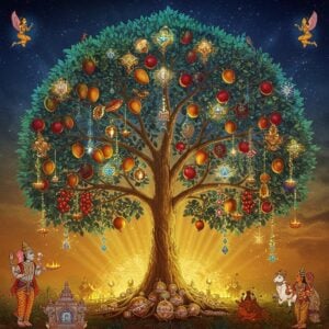A majestic Kalpavriksha tree centered in frame, its trunk made of gleaming gold and brown crystalline structures, branches extending across the entire canvas. The tree bears multiple types of fruits simultaneously - mangoes, pomegranates, and celestial golden fruits. Divine wish-fulfilling gems, sparkles, and cosmic jewels hang from its branches. The leaves are an iridescent mix of emerald green and gold. At its base, intricate Madhubani-style patterns merge with modern geometric designs. Three distinct art styles are showcased around the tree: left side shows traditional Indian miniature painting style, right side displays contemporary digital art aesthetic, and the center features Kerala mural art style. Ethereal light streams through the branches, creating a mystical atmosphere. Celestial beings (apsaras) in flowing garments hover near the branches. The background transitions from deep indigo at the top to warm gold at the bottom, with subtle mandalas and sacred geometry patterns. Small wish-granting cows and jeweled birds perch on the branches. The entire scene is rendered in rich, saturated colors with metallic accents, combining traditional Indian art motifs with modern digital painting techniques.