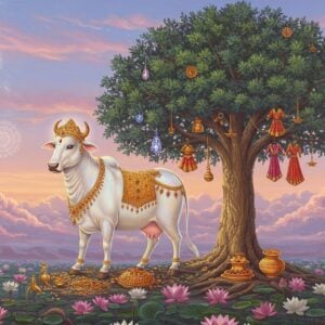 A majestic divine cow Kamadhenu with iridescent white body, adorned with golden ornaments, floating gracefully in a celestial realm. She has a beautiful woman's face with a serene expression, wearing traditional Indian jewelry and a crown. Her body emanates a soft golden glow, with multiple colors shimmering through her aura. Beside her stands the magnificent Kalpavriksha tree, its trunk made of solid gold and crystal, branches spreading wide with leaves of emerald green. The tree bears various divine objects - golden vessels, precious gems, and silk garments hanging from its branches. The background features a ethereal landscape with floating mandalas, soft pastel clouds in pink and lavender. Gentle rays of divine light filter through the scene. The ground beneath is scattered with blooming lotus flowers in pink and white. The art style combines traditional Indian Madhubani patterns in the details with modern digital art techniques, creating a surreal, spiritual atmosphere. The scene is set in a twilight hour with soft, otherworldly illumination.