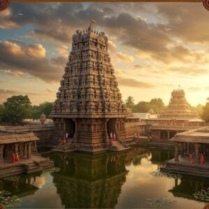A majestic aerial view of Kanchipuram's Ekambareswarar Temple during golden hour, rendered in intricate Madhubani-meets-digital art style. The towering gopuram stands tall with its ornate sculptural details, featuring traditional South Indian architecture with multiple tiers adorned in gold and deep maroon. In the foreground, a serene temple tank reflects the structure like a mirror, with floating lotus flowers in soft pink and white. The surrounding landscape shows ancient stone pillared mandapas with detailed carvings, connected by paths lined with flowering mango trees. Soft ethereal light bathes the scene, creating a mystical atmosphere with subtle lens flares. Intricately detailed patterns inspired by Kanjeevaram silk motifs frame the corners of the scene. Small groups of devotees in traditional Tamil attire move through the temple complex, giving scale to the massive architecture. The sky features dramatic clouds in shades of saffron and peacock blue, with rays of divine light breaking through. The overall composition combines photorealistic architecture with stylized artistic elements, emphasizing both the grandeur and spiritual significance of the temple city.