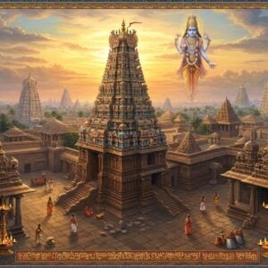 A grand aerial view of Kanchipuram's temples at golden hour, with Lord Vishnu's Varadaraja Perumal temple as the central focal point, rendered in intricate Dravidian architecture with golden vimanam. Multiple ornate gopurams rising into a mystical sky filled with soft pastel clouds and divine light rays. In the foreground, a detailed mandala pattern formed by interconnected temple towers creates a sacred geometry. The scene features traditional deepa-sthambams (temple lamp posts) emitting ethereal golden light. Lord Vishnu appears in the sky as a translucent, divine apparition in His characteristic pose with four hands - holding the Sankha, Chakra, Gada, and Padma, wearing pitambara vastram and adorned with beautiful ornaments. Devotees in traditional South Indian attire walking on ancient stone pathways between temples. The color palette combines deep blues, gold, saffron, and maroon with touches of peacock blue. Intricate Pattachitra-style borders frame the scene, featuring traditional motifs of lotus flowers and temple architecture. The lighting creates a mystical atmosphere with golden rays filtering through temple towers.