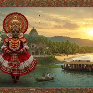 A panoramic view of Kannur's iconic landmarks blending into a dreamlike scene: a majestic Theyyam performer in elaborate red-and-gold costume and towering headgear stands in the foreground, radiating ethereal energy. Behind him, the historic St. Angelo Fort merges with pristine Payyambalam Beach, where golden sands meet turquoise waters. The scene transitions into lush green hills of Pythal Mala with cascading waterfalls. Traditional Kerala-style houseboats float on serene backwaters under a warm sunset sky with soft pastel clouds. Delicate Madhubani-style border patterns frame the scene, incorporating coconut palms, traditional Malayalam architectural elements, and local wildlife. The lighting is magical with golden hour glow, creating long shadows and highlighting the intricate details of the Theyyam costume. Small groups of tourists in modern clothing explore different parts of the scene. Art style combines hyperrealistic digital photography with traditional Kerala mural art elements, featuring rich colors like deep reds, forest greens, ocean blues, and golden yellows.