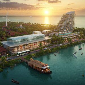 A stunning aerial view of Kannur's coastline at golden hour, featuring a modern glass-and-steel railway station seamlessly blending with traditional Kerala architecture in the foreground. A luxury houseboat with intricate Madhubani-style patterns glides through serene backwaters, while a sleek electric bus winds along a coastal road. Traditional teak-wood Kerala houses with red-tiled roofs are transformed into boutique homestays, their courtyards adorned with banana leaves and jasmine flowers. In the mid-ground, a contemporary 5-star resort rises organically from coconut groves, its infinity pool reflecting the setting sun. The scene is painted in rich colors - deep teals of the Arabian Sea, warm terracotta of the roofs, and lush greens of the palm trees. Modern wind turbines spin gracefully in the distance, while traditional fishing boats with colorful sails dot the horizon. The artwork style combines digital hyperrealism with traditional Kerala mural art elements, featuring intricate golden patterns in the sky resembling ancient Malayalam scripts. Soft, diffused lighting creates a dreamy atmosphere, with lens flares and golden sparkles adding a modern, cinematic quality.