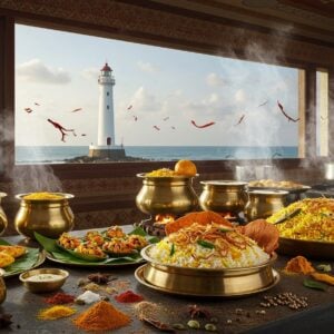 A bustling traditional Kerala kitchen scene with modern elements, featuring a panoramic view of Kannur's iconic lighthouse in the background through large windows. In the foreground, an elegant arrangement of traditional brass and bell-metal serving vessels displaying authentic Thalassery biryani with golden-brown caramelized onions, Kallummakaya (stuffed mussels) on banana leaves, and steaming Thalassery pathiri. The kitchen combines traditional elements like red oxide flooring and brass cookware with sleek, modern appliances. Soft morning light streams through the windows, creating a warm golden glow on the food. Intricate Theyyam-inspired patterns decorate the walls in deep reds and golds. Steam rises artistically from the dishes, while subtle hints of modern molecular gastronomy elements float in the air. The scene includes delicate mandala patterns made from spices like turmeric, cardamom, and pepper scattered across the counter. The overall composition follows a Madhubani-inspired style but with a contemporary twist, using rich colors of saffron, deep sea blue, and earthen reds. Hyper-realistic food photography style with dramatic lighting and shallow depth of field.