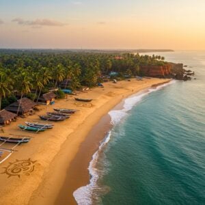 A breathtaking aerial view of Kannur's coastline at golden hour, featuring pristine crescent-shaped beaches with crystal-clear turquoise waters meeting golden sands. Traditional wooden fishing boats with vibrant Malayalam art patterns painted on their sides rest on the shore. Tall, majestic coconut palms line the beach, their fronds swaying in the wind. In the foreground, a detailed sand pattern inspired by Theyyam face paint designs naturally formed by waves. The scene includes traditional Kerala-style beach shacks with thatched roofs, and distant cliffs of laterite stone glowing red in the setting sun. Ethereal mist rises from where the waves meet the shore, creating a dreamy atmosphere. The lighting is warm and golden, with soft lens flares. The composition follows the rule of thirds, with the coastline curved gracefully across the frame. Art style combines hyperrealistic photography with subtle Madhubani-inspired patterns in the sky and water, rendered in a modern digital aesthetic. The overall mood is serene and inviting, with rich colors of deep blue sea, golden sand, and emerald coconut groves.