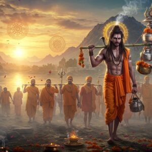 A breathtaking panoramic scene of Indian devotees dressed in saffron robes carrying ornate silver Kanwars (bamboo poles with water pots) during sunrise, walking barefoot on a misty path. The central figure is a muscular young Shivbhakt with detailed sacred tattoos, tilak on forehead, rudraksha malas, and dreadlocked hair, holding a decorated Kanwar on his shoulder. Behind him stretches an endless stream of devotees, their Kanwars adorned with orange marigolds and bells. The background features the majestic Himalayas with the sacred river Ganga flowing, its waters glowing with divine ethereal blue light. Floating spiritual elements include intricate mandalas, tridents, and damrus in golden hues. The scene is enhanced with morning sun rays breaking through clouds, creating a mystical atmosphere with floating flower petals and incense smoke. The color palette focuses on saffron, deep blues, and gold with hyperrealistic details in digital art style blended with traditional Pattachitra patterns in the sky. The lighting emphasizes the devotional mood with soft golden backlight and cool morning mist.