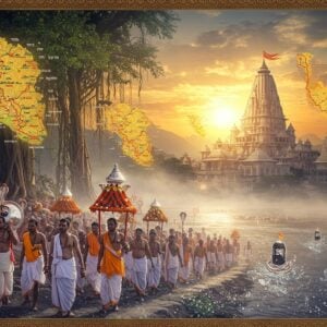 A mystical scene depicting a large group of Indian devotees in traditional white dhoti-kurta carrying ornate silver kanwars adorned with saffron flowers and bells, walking on a ethereal path lined with ancient banyan trees. The central focus shows a towering, hyper-realistic Lord Shiva temple emerging from morning mist, with the sacred Ganga flowing beside it in swirling, luminescent patterns. The sky features a dramatic sunrise in shades of saffron and deep blue, with divine rays breaking through clouds. Multiple detailed route maps float as golden, glowing sacred geometrical patterns in the background. In the foreground, crystal-clear water drops float mid-air, catching the morning light. The scene is enhanced with detailed Madhubani-style borders featuring intricate patterns of Shiva's symbols - trishul, damru, and serpents. The lighting creates a supernatural aura with soft golden highlights on the devotees and temple architecture, while maintaining a modern, digital art aesthetic. The composition should have depth with devotees visible both in close detail and as silhouettes in the distance, creating a sense of the journey's magnitude. The color palette focuses on whites, saffrons, deep blues, and golden accents.