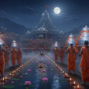 A serene nighttime scene showing a group of devoted Kanwariyas dressed in traditional saffron clothing, carrying ornate silver kanwars decorated with marigold flowers on their shoulders. The kanwars are glowing with divine ethereal blue light. In the background, a massive, detailed Shiva temple with intricate architecture illuminated by moonlight and countless floating diyas. The foreground features a sacred water body reflecting the full moon, with lotus flowers and floating diyas. Multiple Kanwariyas are seen walking barefoot on a path lined with deepaks. The scene includes detailed Madhubani-style border patterns featuring Shiva motifs, trishuls, and damrus. The color palette combines deep saffron, celestial blue, silver, and gold accents. Soft mist surrounds the scene, creating a mystical atmosphere. The composition shows both close-up details of the decorated kanwars and the grand scale of the pilgrimage. The art style merges traditional Indian art with modern digital techniques, emphasizing photorealistic elements with spiritual overtones. Volumetric lighting creates god rays through the mist, adding to the divine atmosphere.