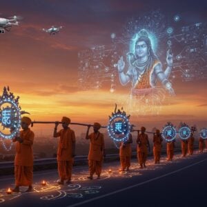 A majestic scene of modern Indian Kanwariyas in traditional saffron attire walking on a high-tech smart highway, illuminated by holographic Sanskrit shlokas floating in the air. The devotees carry ornate silver kanwars adorned with IoT sensors and LED lights that pulse with a divine blue glow. In the background, a magnificent digital representation of Lord Shiva appears as a translucent hologram, his four arms holding the trishul, damaru, lotus, and blessing mudra, surrounded by a geometric mandala pattern made of circuit board designs. Drone cameras hover above capturing the journey, while smart watches and phones on the pilgrims' wrists display real-time navigation and weather updates. The scene is set during sunset with rich orange and purple hues blending with the ethereal blue light from technology elements. Traditional rangoli patterns made of light particles float along the path. The art style combines hyperrealistic digital rendering with traditional Madhubani patterns in the details, featuring rich deep colors and metallic accents. The overall composition shows perfect harmony between ancient spiritual practices and cutting-edge technology.