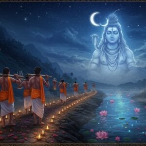 A serene night scene depicting a group of devoted Kanwariyas in traditional white dhoti and saffron uttariya, carrying intricately decorated silver and golden Kanwars on their shoulders, walking barefoot on a mystical path illuminated by countless diyas. The Kanwars are adorned with orange marigold garlands and bells. In the background, a massive, ethereal Lord Shiva in meditation pose appears as a translucent apparition in the night sky, emanating a soft blue aura. The crescent moon rests in his matted locks. Sacred river Ganga flows as a glowing, ethereal stream beside the path, with water appearing luminescent in moonlight. Floating lotus flowers and scattered rose petals dot the water's surface. Traditional Madhubani-style border patterns frame the scene, featuring tridents, damarus, and rudraksha beads in gold accents. The atmosphere is misty with traces of incense smoke, creating a dreamlike quality. Modern digital art style with photorealistic details, deep rich colors, and subtle sacred geometry patterns in the background.