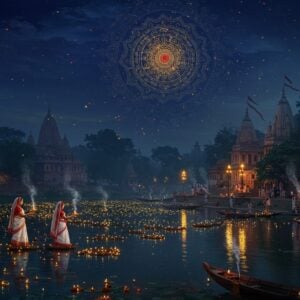 A serene night scene of the sacred Karatoya River flowing majestically through lush Bengali landscape, illuminated by hundreds of floating diyas creating golden reflections on the dark waters. In the foreground, three Indian women in traditional Bengali sarees (white with red borders) perform aarti with brass lamps. The riverbank features ancient stone temples with intricate Pala-dynasty architecture. The sky features a large, ethereal mandala pattern in deep indigo and gold, with floating lotus petals. Magical light particles and smoke from incense create a mystical atmosphere. The background shows pilgrims gathered at ghats with traditional clay lamps. The scene is rendered in a blend of traditional Pattachitra art style with modern digital techniques, using rich colors like deep blues, burnished golds, and vermillion. Small boats with oil lamps dot the river surface, creating a pattern of light. The overall composition suggests both historical grandeur and spiritual transcendence, with careful attention to authentic Bengali architectural and cultural details.