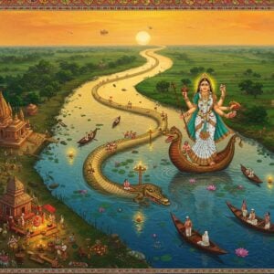 A majestic aerial view of the serpentine Karatoya River flowing through lush green Bengali landscape, rendered in vibrant Madhubani art style with modern digital elements. The river appears as a divine golden-blue serpent, with intricate patterns along its banks depicting ancient temples and ghats. Goddess Ganga emerges ethereally from the waters, portrayed as a beautiful Indian woman in a flowing white and turquoise sari, riding her makara (crocodile) vessel, adorned with traditional Bengali jewelry. Small boats with pilgrims dot the river, while the surrounding landscape features detailed Pattachitra-style illustrations of historical events. The scene is illuminated by a soft, mystical glow, with floating lotus flowers and diyas creating golden reflections on the water. The sky features delicate mandala patterns in sunset hues of saffron and deep blue, while subtle hints of ancient maritime trade routes are shown through minimal artistic elements. The composition seamlessly blends photorealistic water effects with traditional Indian art motifs, creating a surreal and spiritual atmosphere.