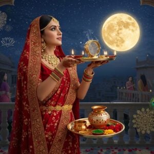 A serene Indian woman in an elegant red and gold embroidered saree stands on a marble balcony at dusk, holding an ornate silver thali decorated with diyas and karwa. Her hands are adorned with intricate mehndi designs, and she wears traditional gold jewelry including bangles, necklace, and maang tikka. Through a decorative jaali screen behind her, a large golden moon rises in a deep blue sky filled with twinkling stars. The thali contains all traditional Karwa Chauth items - a small karwa pot with geometric patterns, glowing diyas, vermillion, flowers, and a sieve decorated with ribbons. Soft golden light from the diyas illuminates her face as she gazes up at the moon through the sieve. In the background, other women in colorful sarees are visible performing similar rituals on their balconies. The scene features floating mandala patterns in gold, with lotus motifs and peacock feathers integrated into the design. The overall atmosphere is mystical and romantic, with a ethereal glow and scattered rose petals in the foreground. Madhubani-style border patterns frame the scene subtly. Hyperrealistic digital art with spiritual undertones.
