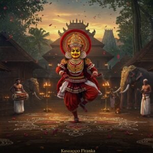 A stunning panoramic celebration scene in Kasaragod, featuring a grand Theyyam performer in elaborate red and gold costume with towering headdress, positioned centrally against the backdrop of traditional Kerala architecture with sloped terracotta roofs. The Theyyam artist's face painted in intricate patterns of red, yellow, and white, performing a dynamic dance pose with arms raised. Around him, a swirling composition of cultural elements: burning traditional brass lamps, drummers playing chenda melam in traditional white mundu, colorful temple elephants adorned with golden nettipattam. The scene illuminated by multiple flaming torches and oil lamps, creating a dramatic interplay of light and shadows. Foreground shows intricate kolam patterns made with rice flour, while the background features the distinctive laterite architecture of Bekal Fort softly lit by a setting sun. Sacred groves (kaavu) with ancient banyan trees frame the scene. The art style combines hyperrealistic digital rendering with traditional Kerala mural art elements, featuring rich gold accents, deep reds, and forest greens. Atmospheric effects include floating flower petals and subtle smoke from incense, creating a mystical ambiance.