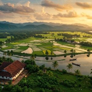 A stunning aerial perspective of Kasaragod's landscape, featuring emerald-green Western Ghats mountains meeting golden beaches along the Arabian Sea coastline, rendered in vibrant Madhubani-inspired patterns. In the foreground, a traditional Malayalam-style house with sloped terracotta roof sits amidst coconut palms and cashew plantations. The scene showcases backwaters with traditional wooden boats, their reflections creating intricate mandala-like patterns on the water surface. The sky features soft pastel sunset colors with detailed cloud formations in Pattachitra style. Cultural elements include delicate line work showing Theyyam performers near ancient laterite Bekal Fort, their costumes rendered in deep maroon and gold. The composition includes carefully detailed patches of paddy fields in geometric patterns, dense forest areas, and meandering rivers, all interconnected with subtle golden lines suggesting sacred geometry. The lighting is ethereal with warm golden rays filtering through monsoon clouds, creating a mystical atmosphere. The art style combines photorealistic geography with traditional Indian art patterns, emphasizing the region's natural and cultural heritage in surreal, digital aesthetic.
