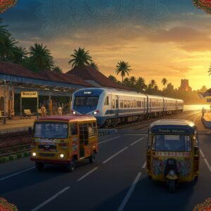 A vibrant panoramic scene of Kasaragod's Bekal Fort railway station at golden hour, featuring a sleek modern blue-silver train arriving at the platform against the backdrop of towering coconut palms. In the foreground, a well-maintained Kerala State Transport bus in red and yellow livery gracefully curves along a newly paved coastal road. Traditional yellow-and-black Kerala auto-rickshaws adorned with intricate Madhubani-style patterns wait near the station entrance. The scene is illuminated by warm sunset colors reflecting off the Arabian Sea visible in the distance, with the iconic Bekal Fort silhouetted against the horizon. Modern digital display boards and well-lit waiting areas blend seamlessly with traditional Kerala architecture. The entire composition is rendered in a fusion of contemporary digital art with traditional Malabar region motifs, featuring rich deep blues, warm oranges, and golden highlights. A subtle mandala pattern in the sky suggests movement and connectivity, while floating lotus motifs frame the corners of the scene, creating a harmonious blend of modern transportation and Kerala's cultural heritage. Hyper-realistic details in 4K resolution, cinematic lighting with ambient occlusion.